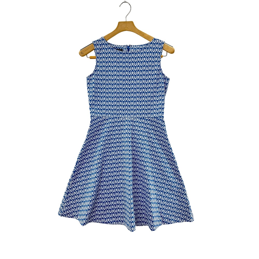 Talbots Petites Blue White Geometric Print Sleeveless Fit Flare Dress SP